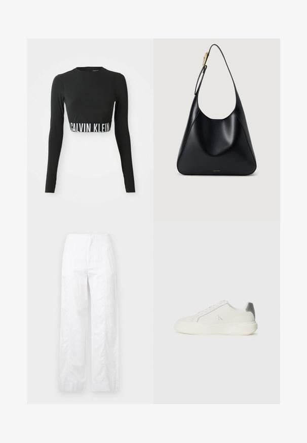 Top cropped preto de manga longa com gola alta e faixa branca com o logótipo "Calvin Klein" à volta da cintura.; Calças brancas de perna larga feitas de um tecido leve, com uma textura suave, linhas limpas e um design de cintura alta.; Sapatilha branca feita de couro com textura suave, apresentando um detalhe em prateado no calcanhar, sola plana e design minimalista.; Bolsa de ombro em couro preto com uma textura suave, silhueta curvada e um detalhe em metal dourado. Apresenta logótipo da marca em relevo na base.