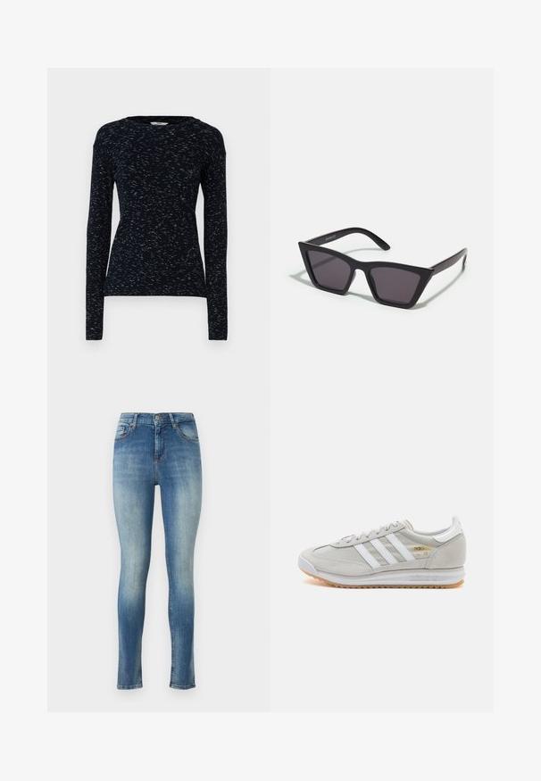 Mads Nørgaard SPACE TUBA TEE - Longsleeve - multi midnight; Skinny jeans van lichtblauw denim. Heeft een medium hoge taille, vijf zakken en een lichte vervaging aan de voorkant en achterkant voor een versleten look.; Lichtgrijze sneaker van suede en mesh, met drie witte strepen, ronde neus en een gumrubberen zool. Gouden logo-accent bij de veters.; Zwarte, hoekige zonnebril met grijze lenzen; gemaakt van plastic, met dikke armen met een gladde oppervlakte en zonder zichtbare hardware.; Zilveren hoepel oorbellen met een minimalistisch ontwerp. Cirkelvormig, gladde textuur en dun profiel. Lichtgewicht met een gepolijste afwerking.