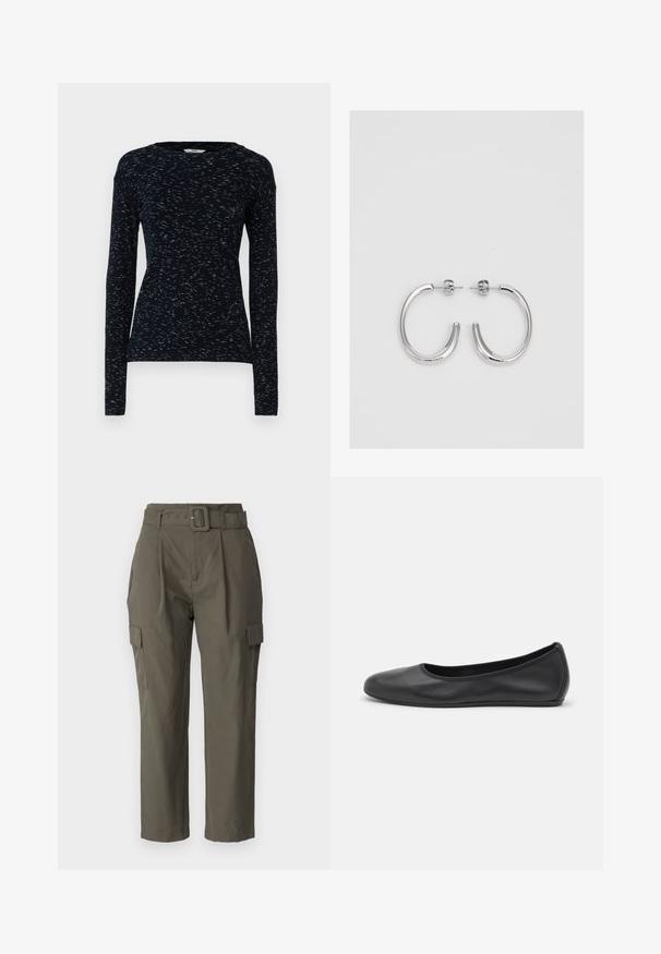 Mads Nørgaard SPACE TUBA TEE - Top dugih rukava - multi midnight; Kargo hlače u maslinastozelenoj boji, izrađene od lagane tkanine. Značajke uključuju pojas sa remenom, prednje nabore i bočne džepove s preklopima.; Crne kožne baletanke s zaobljenim vrhom, glatke teksture, minimalnim detaljima šavova i fleksibilnim dizajnom potplata.; Srebro naušnice u obliku prstena s glatkom, sjajnom završnom obradom. Zaobljenog oblika, laganog dizajna, s kopčom na poleđini.