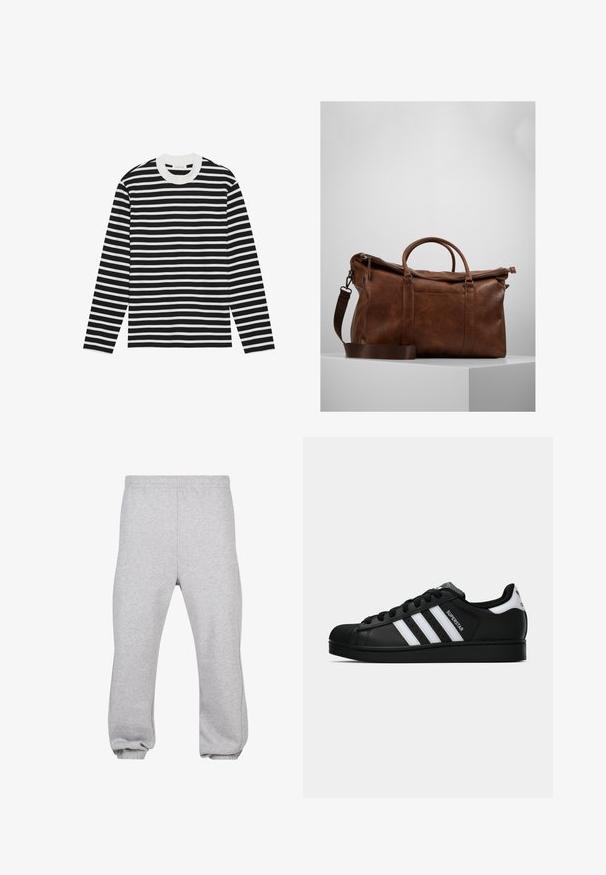 Hosszú ujjú pulóver vízszintes fekete és fehér csíkokkal, kerek nyakkivágással és bordás mandzsettákkal. Puha anyag, klasszikus fazon.; Szürke pamutkeverék sport nadrág, rugalmas derekú, tapered (keskenyített) lábakkal és szegővel ellátott nadrágszárral. Egyszerű dizájn, minták nélkül.; Fekete Adidas Superstar sportcipő fehér csíkokkal, kagyló orral és "Superstar" felirattal az oldalán, oldalról bemutatva, fehér háttér előtt.; Barna bőr sporttáska cipzáras záródással, dupla fogantyúval, állítható vállpánttal és látható textúrákkal a felületen.