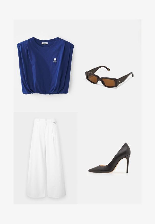 sandro Topper - marine; Korte ermer, lys rosa topp laget av satin. Har en bred, avslappet passform med rund hals og subtil baklukking. Jevn tekstur.; Hvite vide bukser laget av bomull, med høyt liv, frontpleats og en sølvlogoaccent på livlinjen.; Sorte lærhøye hæler med spiss tå og glatt tekstur, med en slank hæl og minimalistisk design.; Rektangulære brune solbriller med ramme av mørkebrunt plast. Har brune tonede linser og gullaccent på TEMPELET.