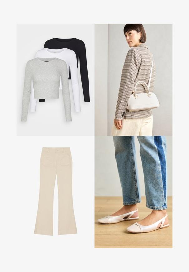 Even&Odd Petite 3 PACK - Long sleeved top - black/white/mottled grey; Beige flared pants with a high waist, made of cotton fabric. Features front and back pockets, belt loops, and a single silver button.; Pale pink slingback flats with a pointed toe, made from a smooth leather-like material. Features cut-out details at the sides and a flat heel.; White structured handbag with short handles and a shoulder strap, featuring gold hardware accents and textured material, displayed against a grey background.