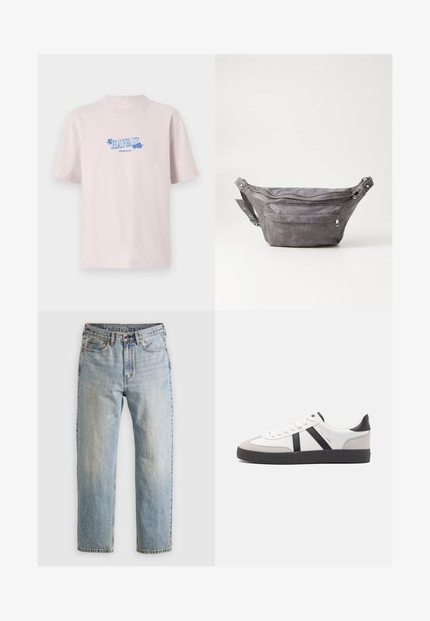 Ljust rosa bomull T-shirt med blå broderad text som säger "HAWAII HONOLULU" med blommiga dekorationer, rundad halsringning och korta ärmar.; Ljusblå denimjeans med hög midja, framknäppning, dragkedja och femficksdesign, placerade platt på en neutral bakgrund.; Vit sneaker med svarta och grå accenter, med en strukturerad grå tådel, svart gummisul, och platta vita skosnören. Ren design, minimalistisk stil.; Grå mockafjällsryggsäck med rundad form, två fickor med dragkedja och justerbart bälte. Har metallackenter som detaljer.