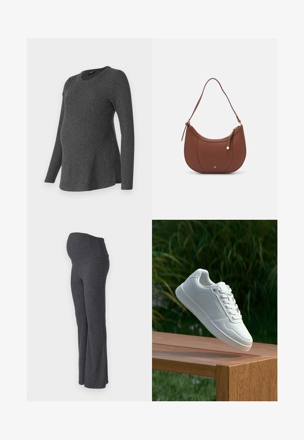 Blusa de maternidade de manga longa em malha canelada cinza escuro, com decote redondo e fendas laterais para maior conforto e ajuste.; ONLY MATERNITY OLMHALLE - Calças - dark grey; Sapatilha branca com um cabedal sintético liso, caixa dos dedos perfurada, atacadores planos e uma sola texturizada, exposta sobre uma superfície de madeira.; Mala de ombro em pele sintética castanha com forma curva, costura minimalista e detalhe em metal dourado. Apresenta fecho de zíper no topo e alça ajustável.