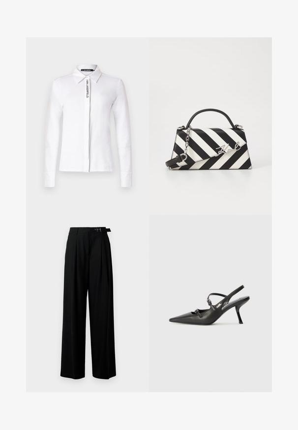 Λευκό πουκάμισο με μακρύ μανίκι από βαμβάκι, με κολάρο, διακοσμημένο με έναν κάθετο μαύρο λογότυπο μπροστά και κουμπωτά μανίκια.; Μαύρο παντελόνι με φαρδιά πόδια και ψηλή μέση, πτυχές μπροστά και ζώνη με αγκράφα. Κατασκευασμένο από μαλακό, ελαφρύ ύφασμα.; Μαύρες δερμάτινες γόβες slingback με μυτερή μύτη, λεπτό τακούνι και διακοσμητική αγκράφα στο επάνω μέρος. Λείος υφής και κομψός σχεδιασμός.; Μαύρη και λευκή ριγέ τσάντα χειρός με δομημένο σχήμα, που διαθέτει επάνω λαβή, αποσπώμενη αλυσίδα και μεταλλικό λογότυπο.