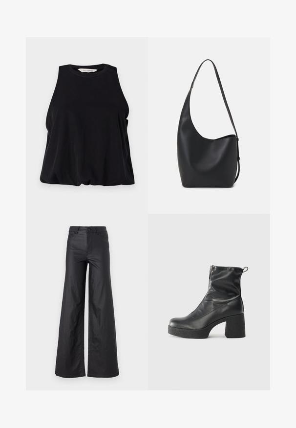 Crna majica bez rukava napravljena od mekog materijala, s okruglim izrezom i labavim krojem koji se blago drapira na rubu. Nema vidljivih uzoraka ili akcenata.; Crne široke hlače od umjetne kože. Imaju visoki struk, petlje za remen, dva prednja džepa i šivanu obradu.; Crne gležnjače od glatke kože, s bočnim zatvaračem, debelim teksturiranim potplatom i dizajnom s zaobljenim prstima.; Crna kožna hobo torba s glatkom teksturom, zakrivljenim oblikom i jednom podesivom trakicom; ima širok otvor na vrhu.