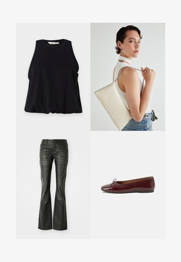 Black sleeveless top made of soft fabric, featuring a round neckline and a loose fit that drapes gently at the hem. No visible patterns or accents.; Black faux leather flared jeans with front pockets, a metal button closure, and a slightly textured surface. Straight leg with a long cut.; Burgundy patent leather ballet flat with a rounded toe, small bow accent at the front, and a low, black rubber sole. Smooth texture.; White rectangular clutch bag made of glossy material, featuring a silver chain strap. Model poses, showcasing the bag against a plain background.
