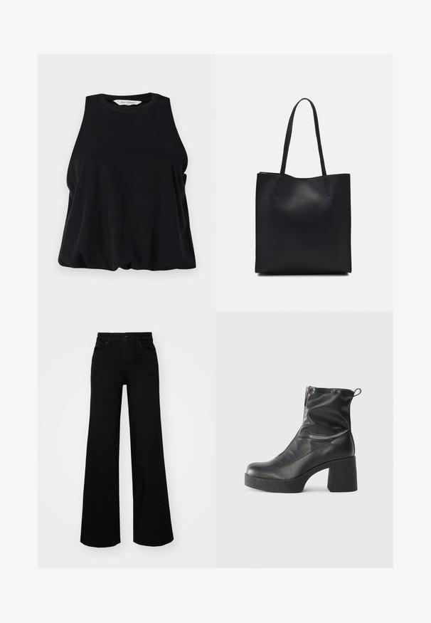 Mustat hihattomat paito, joka on valmistettu pehmeästä kankaasta. Tässä on pyöreä kaulus ja löysä istuvuus, joka laskeutuu helposti helmaan. Ei näkyviä kuvioita tai koristeita.; Musta leveälahkeinen farkkupanta, jossa on rakenteellinen vyötärö, vyölenkit ja etutaskut. Sujuva rakenne klassisella muotoilulla.; Mustat nilkkurit, jotka on valmistettu sileästä nahasta. Niissä on sivuvetoketju, paksu teksturoitu korko ja pyöristetty kärki.; Mustapahkainen kangaskassi, jossa on sileä pinta, suorakaiteen muotoinen ja kaksi pitkää kahvaa. Ei näkyvää metalliosaa tai koristeita.