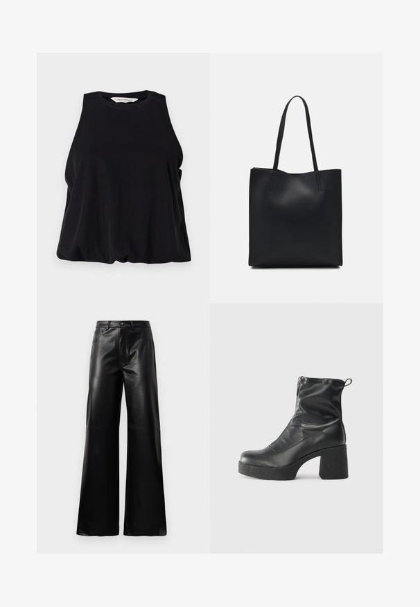 Top negro sin mangas hecho de tela suave, con un escote redondo y un corte holgado que cae suavemente en el dobladillo. Sin patrones ni acentos visibles.; Pantalones de imitación de cuero negros de cintura alta y pierna ancha con botón frontal, cierre de cremallera, pasadores para cinturón y bolsillos laterales sobre fondo blanco.; Botines negros de tobillo, hechos de cuero suave, con cierre lateral, tacón grueso texturizado y diseño de punta redondeada.; Bolso tote de cuero negro con textura lisa, forma rectangular y dos asas largas. Sin herrajes ni adornos visibles.