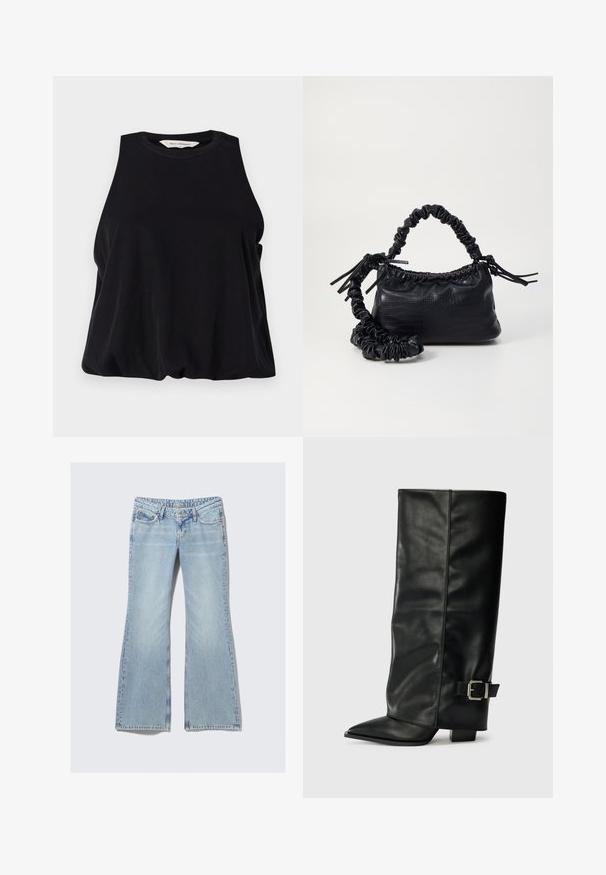 Crna majica bez rukava napravljena od mekog materijala, s okruglim izrezom i labavim krojem koji se blago drapira na rubu. Nema vidljivih uzoraka ili akcenata.; Weekday NOVA - Traperice uskog kroja - lip blue; Crne kožne čizme do gležnja sa šiljastim vrhom, glatkom teksturom i srebrnim kopčanjem sa strane. Debela kvadratna peta.; Crna torba od umjetne kože s teksturom krokodila, s cinčanim vrhom i naboranom trakom. Izgleda mekano i kompaktno u dizajnu.
