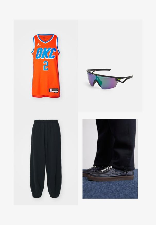 Maillot de basket orange avec "OKC" en lettres bleues, numéroté "2". Texture en mesh avec des bordures bleues et le logo Jordan sur l'épaule.; Pantalons de survêtement noirs avec taille élastiquée, coupe ample, chevilles côtelées, texture lisse et sans motifs ni accents matériels visibles.; Nike Sportswear KILLSHOT 2 LTR PRM OPP2 - Baskets basses - black sail baroque brown mtlc dk grey; Lunettes de sport avec une monture noire, grandes verres dégradés aux teintes violettes et vertes, et des accents de design angulaires avec un détail de logo.