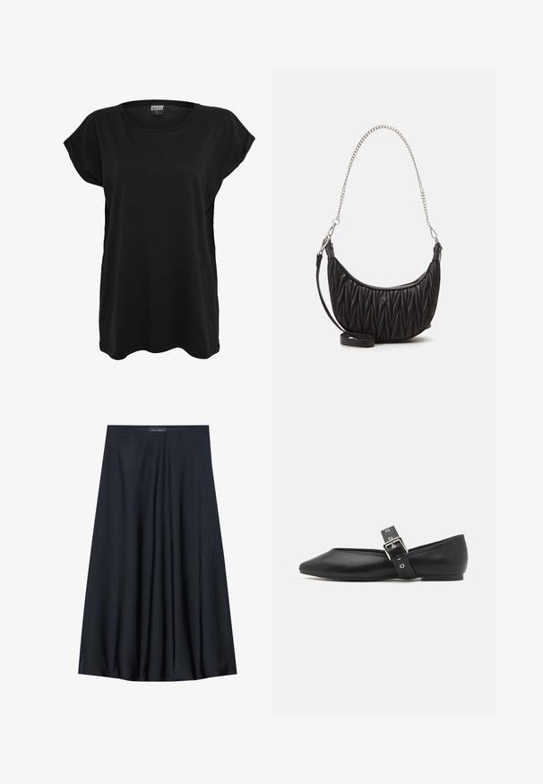 Melnas kokvilnas T-krekls ar īsām piedurknēm, apaļu dekoltē un brīvu piegriezumu. Uz apkakles ir etiķete. Gluda tekstūra un vienkāršs dizains.; Melna, uz ceļa garuma svārku izgatavota no viegla auduma ar plūstošu dizainu. Ir gluda tekstūra un smalkas krokas papildu detaļām.; Melna ādas plakano kurpju ar norādītu purngalu, sānu siksniņu ar sudraba sprādzi un zemu papēdi. Gluda tekstūra un minimālisma dizains.; Melnā mākslīgā ādas rokassoma ar kvadrātveida tekstūru, izliekta forma, sudraba ķēdes siksna un neliela logotipa akcentācija priekšā.; Zelta tonis taisnstūra rokas pulkstenis ar balto ciparnīcu, sudraba tonis stundu rādītājiem un izturīgu metāla saiti. Iekļauta ūdens izturība.