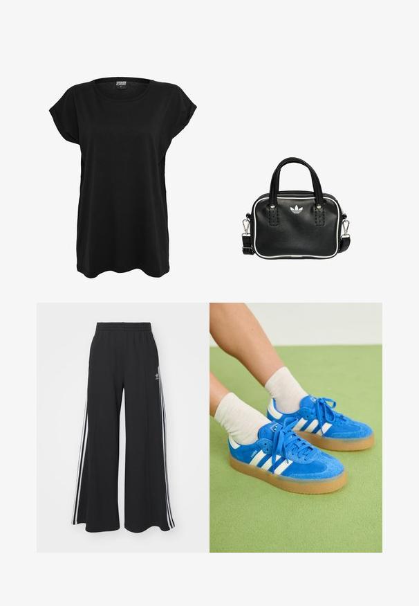 Sort bomulds t-shirt med korte ærmer, rund halsudskæring og en afslappet pasform. Har en label på kraven. Glat tekstur og simpelt design.; Sorte brede sweatpants med elastisk talje, med hvide sidelommer og et broderet logo på venstre lår.; Blå ruskind sneakers med hvide striber, gummisål, rund tå og stofsnørebånd. Bærer cremefarvede sokker på en grøn overflade.; Sort læderhandtaske med to korte håndtag, sølvhardware, hvide accenter og et hvidt logo. Har en struktureret overflade og et kompakt design.