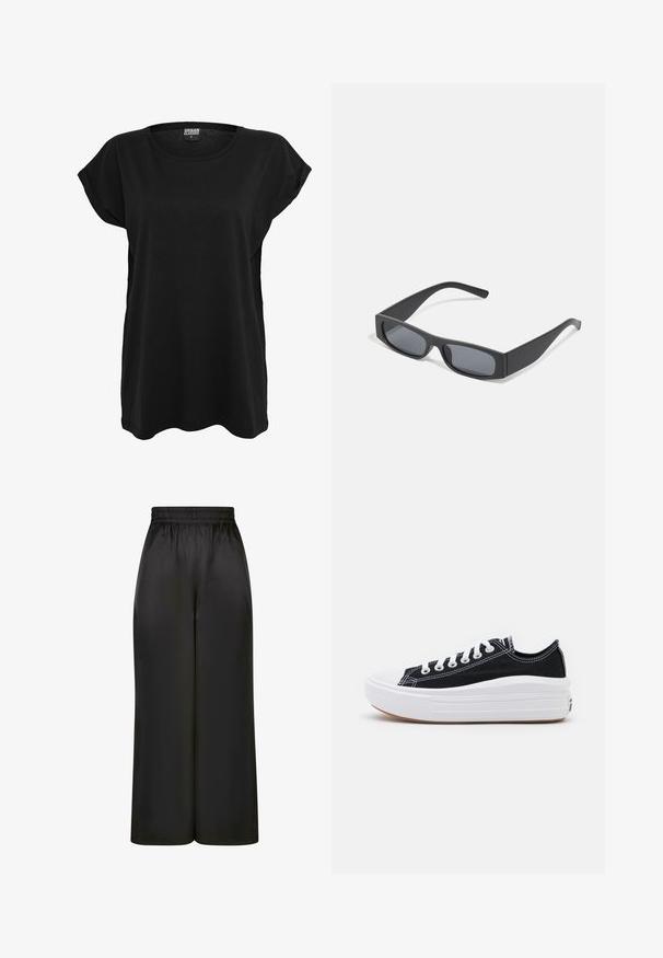 Cămășă din bumbac negru cu mâneci scurte, decolteu rotund și o croială lejeră. Prezintă un eticheta pe guler. Textură netedă și design simplu.; Pantaloni negri cu picioare largi, fabricați dintr-un material neted și lucios, cu un elastic la talie și fără buzunare vizibile sau detalii metalice.; Adidași negri din pânză cu șireturi albe, vârf alb din cauciuc și o talpă medie groasă albă. Prezintă cusături subtile albe și o talpă din cauciuc.; Ochelari de soare negri, cu lentile întunecate și rame groase mate. Brațele sunt ușor conice, cu o textură netedă.