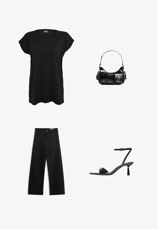 Fekete pamut póló rövid ujjakkal, kerek nyakkivágással és laza szabással. A galléron egy címke található. Sima textúra és egyszerű design.; Fekete, bő szabású farmernadrág magas derékkal, elülső és hátsó zsebekkel, varrott felületekkel és gombos záródással. Sima textúra.; Bershka Magas sarkú szandálok - black; Fekete lakkbőr kézitáska ívelt formával, egy vállpánttal, elülső zsebekkel és ezüstszínű fémrészletekkel.