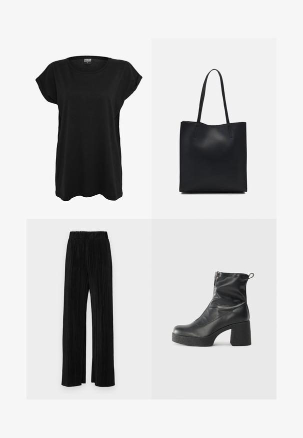 Svart bomull t-skjorte med korte ermer, rund halsringning og avslappet passform. Har et merkelapp på kragen. Glatt tekstur og enkelt design.; Sorte plisserte bukser med elastisk midje. Har vide ben og et glatt, strukturert stoff med vertikale striper.; Svarte ankelstøvler laget av glatt lær, med glidelås på siden, chunky strukturert hæl, og rund tå-design.; Svart lær tote bag med glatt tekstur, rektangulær form og to lange håndtak. Ingen synlige deler eller dekorasjoner.