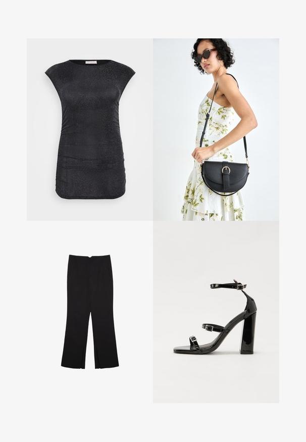 Čierny top s krátkym rukávom vyrobený z textúrovaného, lesklého materiálu, s riasením po stranách; okrúhly výstrih; priliehavý strih.; Čierne nohavice so strihom rovného strihu, s prednými vreckami a bočnými rozparkami na leme. Vyrobené z mäkkej, hladkej tkaniny. Vhodné na rôzne príležitosti.; Čierne lakované sandále na podpätku so štvorcovou špičkou, navlečenými remienkami okolo členku a striebornými prackami. Disponujú masívnym blokovým podpätkom pre stabilitu.; Čierna kožená kabelka s zaobleným tvarom, odnímateľným popruhom a zlatými doplnkami. Kabelka má klopu s detailom s prackou.