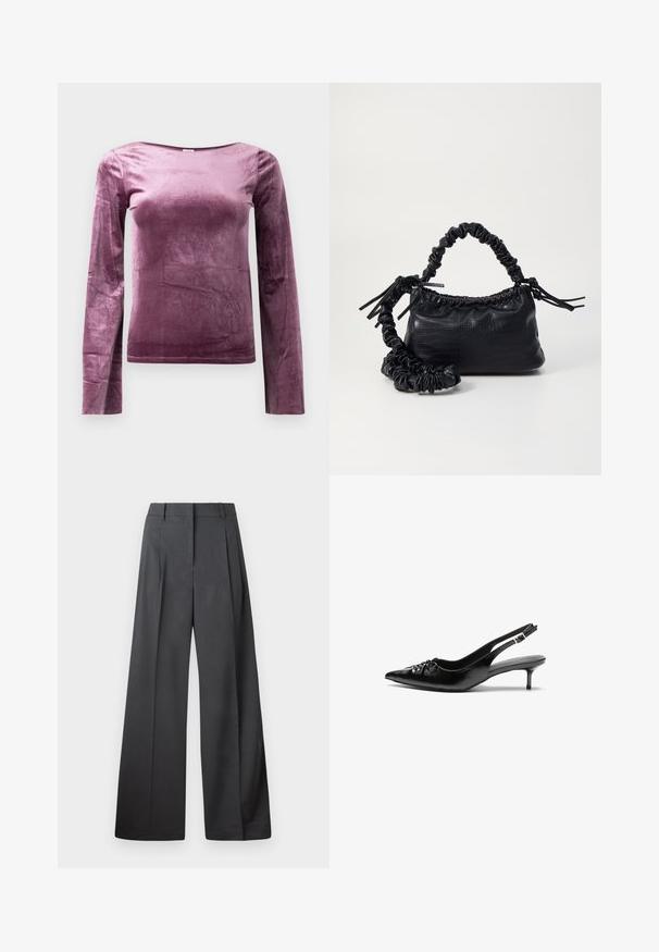 Bluză cu mâneci lungi dintr-un material moale și catifelat. Are un decolteu barcă și o culoare solidă violet închis, cu o textură netedă și ușor lucioasă.; Pantaloni culți din țesătură gri închis, cu talie înaltă, pliuri simple și o textură netedă, cu o finisare curată la tivuri.; Cizme slingback din piele neagră, cu vârf ascuțit, toc mic de tip kitten heel și un detaliu decorativ sub formă de nod în față. Textură netedă pe întreaga suprafață.; Geantă din faux leather neagră cu textură de crocodil, cu partea superioară strânsă și o curea mototolită. Pare moale și compactă ca design.