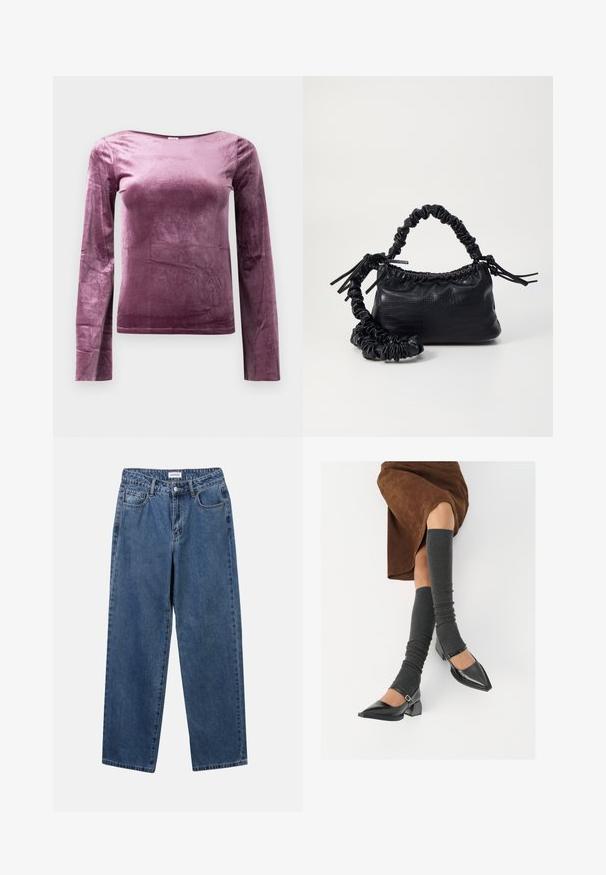 Majica dugih rukava od mekog, baršunastog tkanja. Ima brodskog izreza i ujednačene duboko ljubičaste boje s glatkom, blago sjajnom teksturom.; Klasične plave traperice s ravnim nogavicama, pet džepova i dugmadom za zatvaranje. Imaju srednje pranje i čvrstu teksturu.; Crne lakirane cipele s šiljastim prstima, blok-petom i remenom oko gležnja, uparene s sivim rebrastim čarapama do koljena i smešnom suknjom od antilopa.; Crna torba od umjetne kože s teksturom krokodila, s cinčanim vrhom i naboranom trakom. Izgleda mekano i kompaktno u dizajnu.