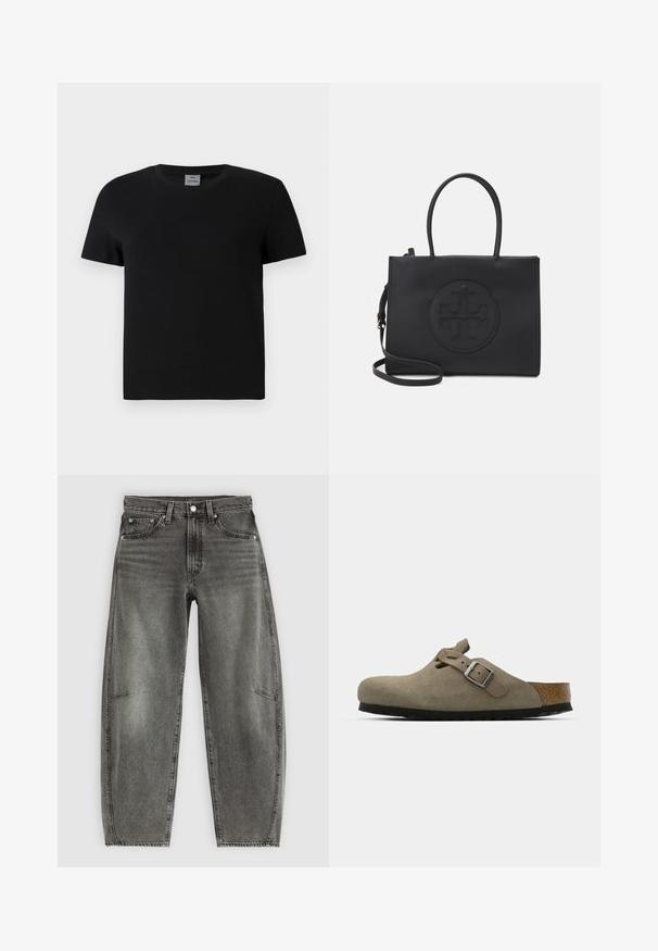 T-shirt in cotone nero con scollatura rotonda e maniche corte. Design semplice, senza fantasie o dettagli, con una linea dritta in vita.; Jeans in denim lavato grigio a vita alta con cinque tasche, chiusura con bottone e una vestibilità dritta rilassata.; Zoccoli in suede di un verde oliva chiaro con una soletta in sughero e gomma sagomata. Presentano una cinghia laterale con fibbia metallica e una punta arrotondata.; Borsa nera realizzata in materiale morbido, con doppi manici, una tracolla removibile e un dettaglio circolare con logo in rilievo sul davanti.