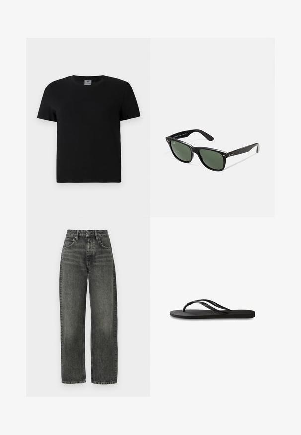 Fekete pamut póló kerek nyakkivágással és rövid ujjakkal. Egyszerű dizájn, minta vagy díszítés nélkül, egyenesen szabott derékvonal. ; Won Hundred ALEXANDRA - Laza szabású farmerek - tinted black; Fekete papucs texturált gumitalppal, két vékony pánttal és finom, domború logóval a pánton.; Fekete műanyag napszemüveg zöld lencsékkel, négyzet alakú kerettel, ezüst díszítéssel a keret felső részén, valamint texturált szárakkal. A márka neve a belső száron található.