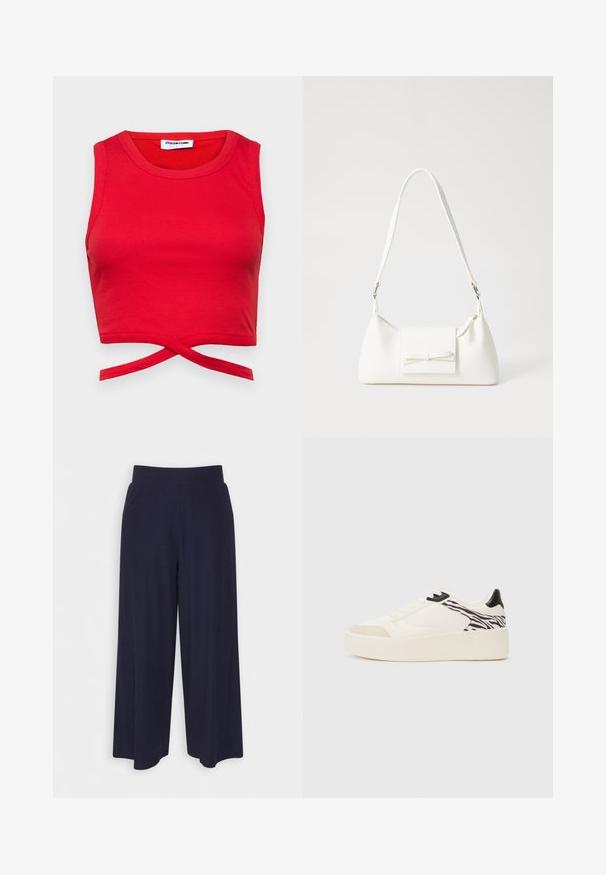 Punane puuvillane lühike top ribadega tekstuuriga, ilma varrukateta disain ja ees õmmeldud sõlm, mis annab kehaümber rõhutava ilme.; Tumed põlvpüksid tumedast meresinisest kangast, millel on sooneline tekstuur. Omab sujuvat vööd ja voolavat siluetti, ulatudes pooleni säärest.; Even&Odd Tossud - white/black; Valge sünteetilisest materjalist kott kolmnurkse kujuga, lame esiklapiga ja kaaredetailiga, reguleeritava rihmaga, sileda tekstuuriga ja minimalistliku disainiga.