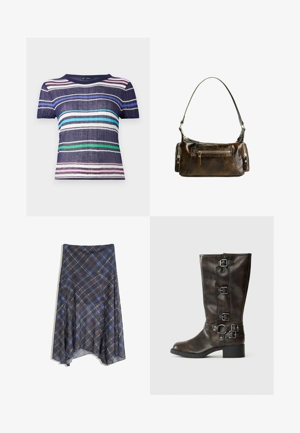 T-shirt met korte mouwen, featuring een marineblauwe basis met horizontale strepen in roze, wit, lichtblauw, groen en donkerblauw. Getextureerde stof.; Zwarte geruite rok met blauwe en bruine lijnen, vloeiende stijl, middellang, gemaakt van lichte stof met een gladde textuur.; Bruine leren kniehoge laarzen met meerdere gespen, een ronde neus en een lage chunky hak. Heeft een gestructureerde afwerking en verstelbare banden.; Bruine leren handtas met een gebogen vorm, zilverkleurige hardware en twee ritszakken aan de voorkant. Inclusief verstelbare schouderband.