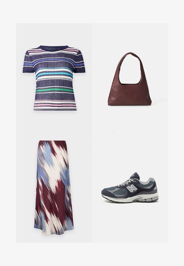 Tricou cu mânecă scurtă, cu un bază bleu marin, având dungi orizontale în roz, alb,藍 deschis, verde și藍 închis. Țesătură texturată.; Fustă lungă cu un model diagonal de tie-dye în burgund, albastru și crem, realizată dintr-un material moale cu o siluetă fluidă și o ușoară strălucire.; Adidași New Balance cu un upper din plasă și piele întoarsă de culoare albastru închis, accente gri, logo alb, talpă cu amortizare și detalii texturate.; Geantă de piele burgundă, cu o formă triangulară, cu deschidere în partea de sus și detalii împletite pe mânere. Textură netedă, cu un finisaj mat.