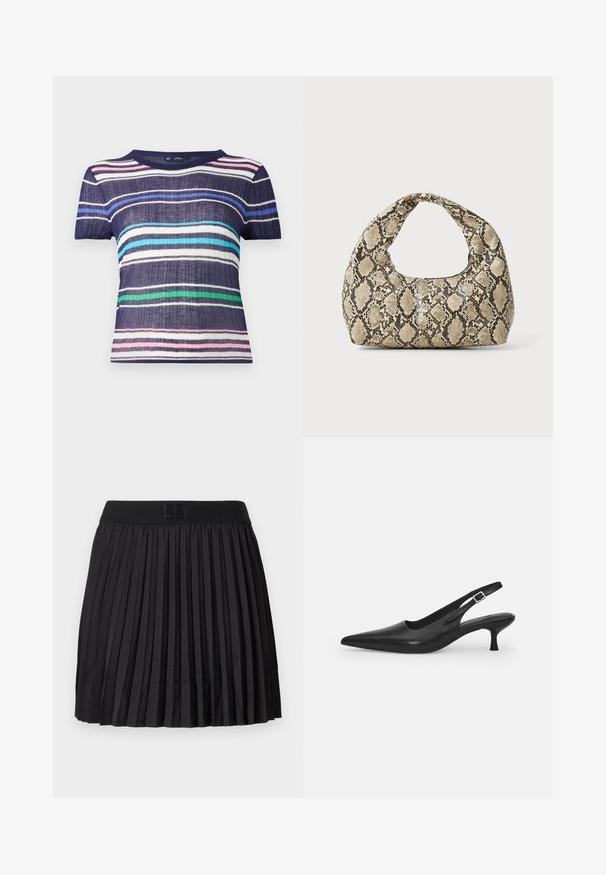 Koszulka z krótkim rękawem w granatowej bazie, z poziomymi paskami w kolorach: różowym, białym, jasnoniebieskim, zielonym i ciemnoniebieskim. Materiał o fakturze.; Czarna plisowana spódnica o gładkiej fakturze, z solidnym czarnym pasem w talii i wytłoczonym detalem z logo z przodu.; Czarne skórzane buty typu slingback z wydłużonym noskiem i smukłym, zakrzywionym obcasem. Posiadają dyskretny regulowany pasek z metalową klamrą.; Torebka w wężowy wzór z zakrzywionym uchwytem. Wykonana z teksturowanych, beżowych i brązowych materiałów, z charakterystycznym wzorem w diamenty.