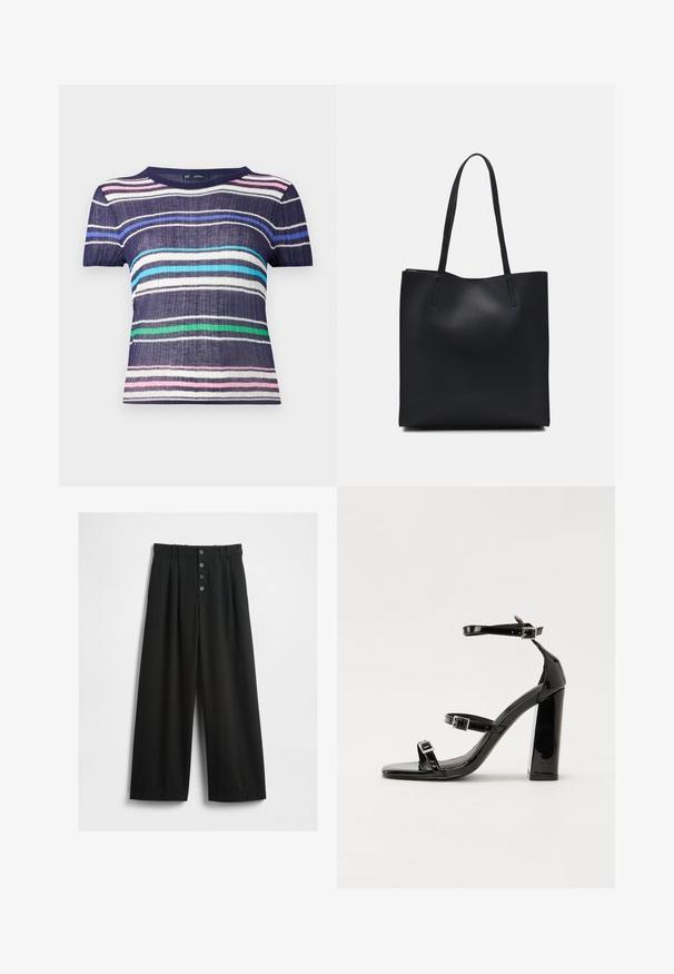 Short-sleeve, striped shirt featuring navy, pink, light blue, green, and white lines. Made of textured fabric with a crew neckline.; Wide-leg black trousers made of a textured fabric. Features a high waist, five-button front closure, and pressed pleats for added detail.; Black patent high-heeled sandals with two buckle straps, square toe, and a chunky block heel, featuring a smooth, glossy texture.; Black leather tote bag with smooth texture, rectangular shape, and two long handles. No visible hardware or embellishments.