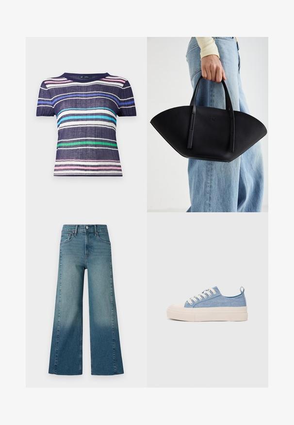 T-shirt de manga curta com base azul-marinho e riscas horizontais em rosa, branco, azul-claro, verde e azul-escuro. Tecido texturizado.; Calças de ganga de perna larga em um azul médio, apresentando um efeito de degradação do mais escuro para o mais claro. Feitas de ganga com um design tradicional de cinco bolsos.; Ténis de lona azul claro com uma biqueira e sola de borracha creme, apresentando atacadores brancos e uma alça na parte de trás.; Bolsa de mão em couro preto com uma forma única em leque, apresentando alças planas. A superfície tem uma textura pebble e um design minimalista.