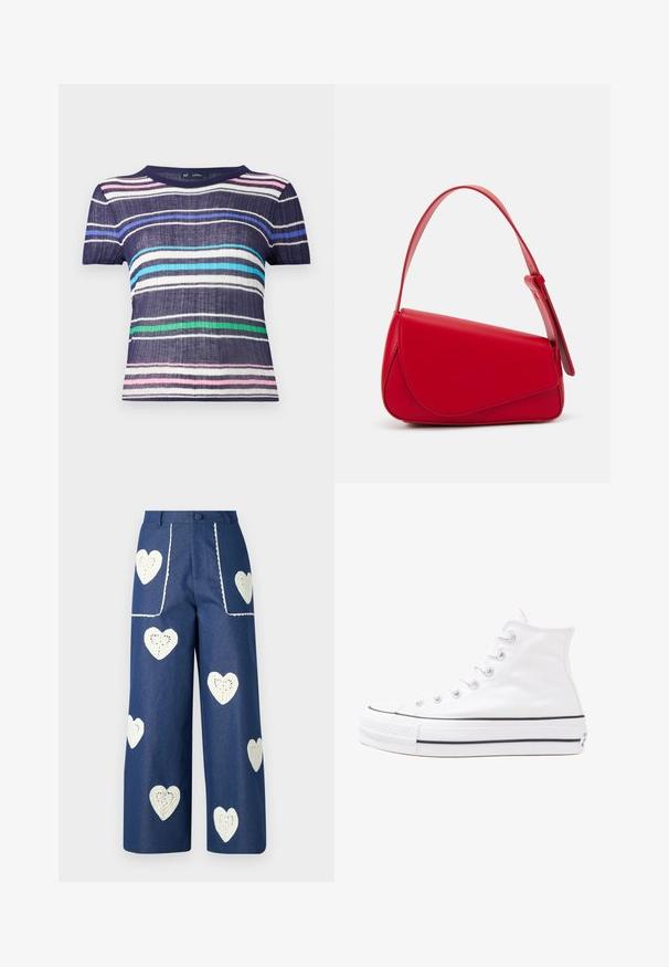 Koszulka z krótkim rękawem w paski w kolorach granatowym, różowym, jasnoniebieskim, zielonym i białym. Wykonana z teksturowanej tkaniny, z okrągłym dekoltem.; Sister Jane HEART TO HEART niebieski denim; Białe wysokie trampki z płótna z czarną gumową podeszwą, przednim czubkiem z gumy i sześcioma dziurkami na sznurowadła, charakteryzujące się prostym, minimalistycznym designem.; Czerwona skórzana torebka o kanciastym, geometrycznym designie. Posiada jedną regulowaną rączkę oraz zapięcie na klapę z przeszyciami.