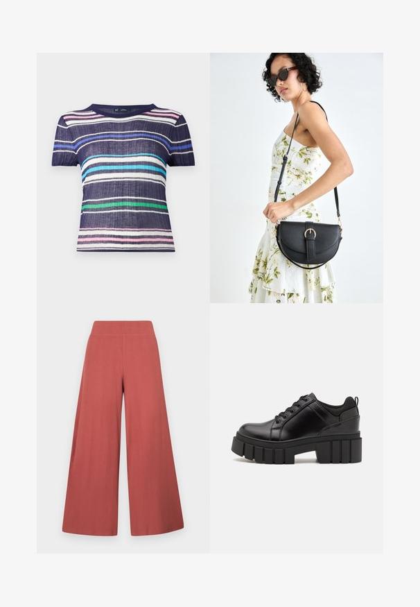 Camiseta de manga curta com riscas azul-marinho, rosa, azul-claro, verde e branco. Confeccionada em tecido texturizado com decote redondo.; Calças de perna larga em tom ferrugem, feitas em tecido texturizado com nervuras verticais. Possuem um cós alto e elástico.; Sapatos de plataforma em couro preto com um salto bloco robusto, bico redondo e design clássico de atacadores. Apresentam uma textura suave e detalhes mínimos.; Bolsa de couro preta com forma curva, alça destacável e detalhes em dourado. A bolsa possui uma aba com detalhe de fivela.