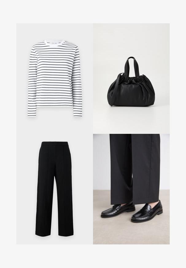 Pikkade varrukatega valge puuvillane särk mustade horisontaalsete triipudega. Omab ümmargust kaela ja mugavat lõiget. Ei mingeid silmapaistvaid aktsente ega mustreid.; Mustad suured püksid, mis on valmistatud siledast kangast, millel on tasane esiosa, kaks vertikaalset õmblust ja lihtne vöökoht.; Mustadest nahast loaferdest on sile pind, õmmeldud detaile varvaste ümber ja madal kummitald. Kombineeritud laia musta pükste jaoks.; Mustmust mustkott mustrihmaga ülaosa disainiga, millel on kaks lühikest käepidet ja pikk reguleeritav rihm. Sile tekstuur, ümar kuju.