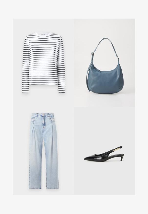Langermet skjorte i hvit bomull med svarte horisontale striper. Har rund hals og en avslappet passform. Ingen bemerkelsesverdige detaljer eller mønstre.; Lyseblå denimjeans med høy livlinje, vide ben, to sidelommer og plisserte detaljer. Myk tekstur med en falmet finish.; Sorte lærreim hæler med spiss tå, som har en slank hæl og en gullfarget detalj på den justerbare stroppen. Glatt tekstur.; Blå lærveske med rund form, enkel skulderreim, glidelås-lukking og preget merkenavn på forsiden. Glatt tekstur.