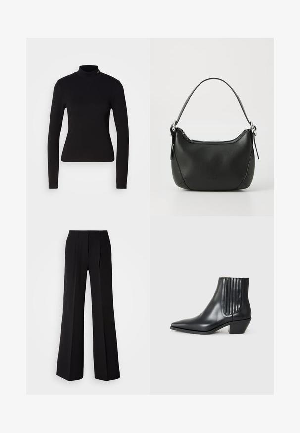 Fekete, hosszú ujjú garbós felső sima anyagból, testhez álló fazonban, apró logóval a nyakrész közelében.; Fekete nadrág sima anyagból, magas derekú, bőszárú szabással, és két elülső pliszével a dizájn részletessége érdekében.; Fekete bőr bokacsizma hegyes orral, elasztikus oldalsó panelekkel, amelyek függőleges bemetszésekkel rendelkeznek, és alacsony blokk sarkú. Sima textúrájú és elegáns dizájn.; Fekete bőr kézitáska ívelt formával, ezüst cipzárral és rövid fogantyúval. Az elején diszkrét logó található, és sima tapintású.