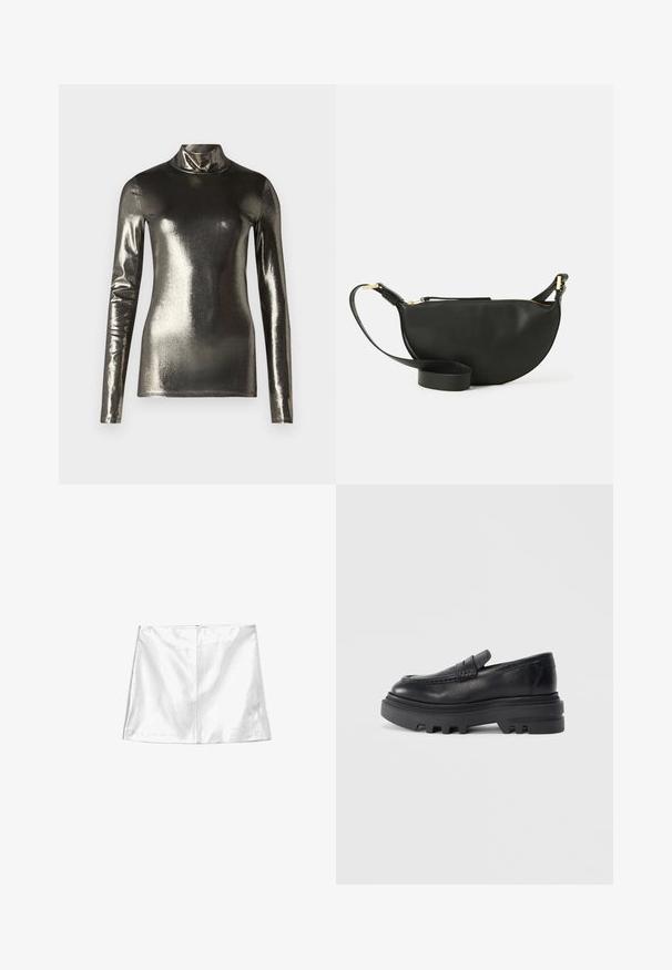 Tumedast hõbedasest metallilisest pikkade varrukatega kõrge kaelusega topp. Sile tekstuur, keha lähedane disain, kõrge kaelus ja voolujoonega siluett. Ilma nähtavate mustrite või aktsentideta.; Valge miniseelik, millel on sile, läikiv tekstuur, sirge lõige ja õmblusteta tagumine luku sulgur.; Must must nahk loafers paksu musta tallaga ja tekstuurse riba detailiga. Sile viimistlus ja ümar kuju rõhutavad selle kaasaegset disaini.; Mustmust kott poolkuu kuju, tekstuurse pinnaga, kuldne tõmblukk ja lame rihm. Kompaktne disain, mis sobib igapäevaste essementide jaoks.