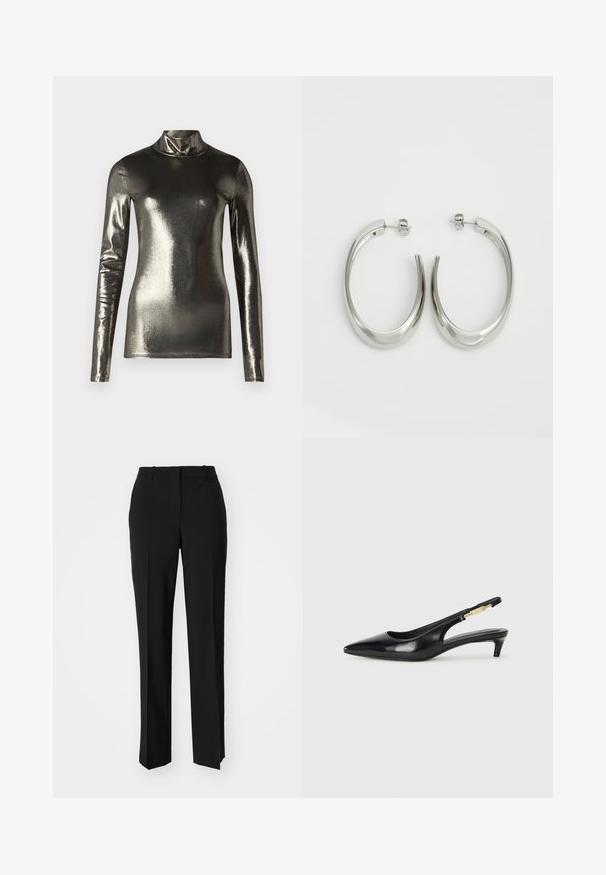 Metallic long-sleeve turtleneck top in dark silver. Smooth texture, fitted design, high collar, and sleek silhouette. No visible patterns or accents.; Black tailored trousers with a straight-leg design, featuring a smooth texture and crisp creases along the front. No visible hardware.; Black leather slingback heels with a pointed toe, featuring a slim heel and a gold-tone accent on the adjustable strap. Smooth texture.; Silver hoop earrings with a smooth, curved design. Features a shiny metallic finish and stud closure. No visible patterns or accents.