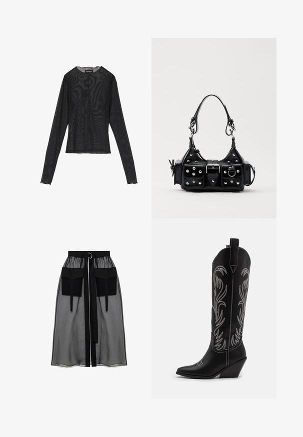 Black long-sleeve top made of sheer fabric, featuring a round neckline, front button closure, and scalloped edges at the cuffs.; Black sheer skirt with a gathered waistband, featuring two large front pockets, a waist tie, and a circular metal accent.; Black leather cowboy boots with pointed toes, wedge heels, and silver embroidered floral patterns along the shaft. Contrast stitching throughout.; Black leather handbag with a curved design, featuring silver studs, a buckle, and two side pockets. Adjustable strap for carrying options.