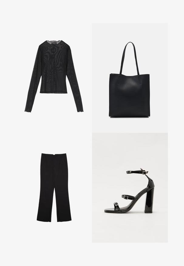 Schwarzes Langarmoberteil aus transparenter Stoff, mit rundem Halsausschnitt, vorderem Knopfverschluss und gewellten Kanten an den Ärmelbündchen.; Schwarze Hose mit geradem Schnitt, ausgestattet mit Fronttaschen und Seitenschlitzen am Saum. Hergestellt aus weichem, glattem Stoff. Geeignet für verschiedene Anlässe.; Schwarze patentierte Sandalen mit Absatz, quadratischer Spitze, Knöchelriemen und silbernen Schnallen. Mit einem stabilen Blockabsatz für mehr Stabilität.; Schwarze Laptoptasche aus Leder mit glatter Textur, rechteckiger Form und zwei langen Griffen. Keine sichtbaren Beschläge oder Verzierungen.