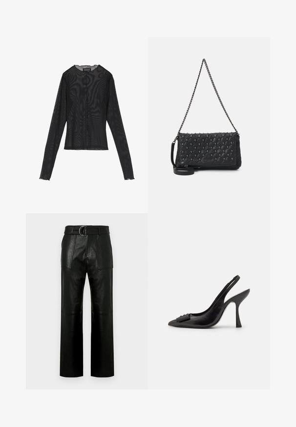 Black long-sleeve top made of sheer fabric, featuring a round neckline, front button closure, and scalloped edges at the cuffs.; High-waist black leather pants with wide legs, large front patch pockets, and a matching belt with double-ring buckle.; Black leather slingback shoe with a pointed toe, slim high heel, and a decorative bow accent. Smooth texture and sleek design.; Black quilted leather bag with a chain strap, featuring skull accents and a zip closure. Textured surface with a glossy finish.