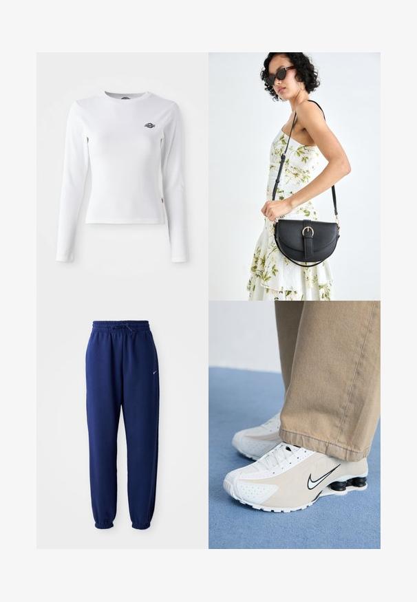 Balta ilgomis rankovėmis marškiniai, pagaminti iš raukšlėtos medžiagos. Ant krūtinės yra nedidelis juodas logotipas. Tinkamo dydžio dizainas su apvalia apykakle.; Tamsiai mėlynos sportinės kelnės, pagamintos iš minkštos medžiagos, su elastingu juosmeniu ir raišteliu, elastinėmis rankovėmis ir mažuoju baltu logotipu.; Balti ir šviesiai rudi Nike sportbačiai su perforuotu dizainu, juodu swoosh logotipu, tekstūruotu paviršiumi ir išskirtiniu pavasariniu juodu kulnu.; Juodas odinis krepšys su išlenkta forma, nuimamu dirželiu ir auksiniais detalėmis. Krepšys turi kilpą su sagtimi.