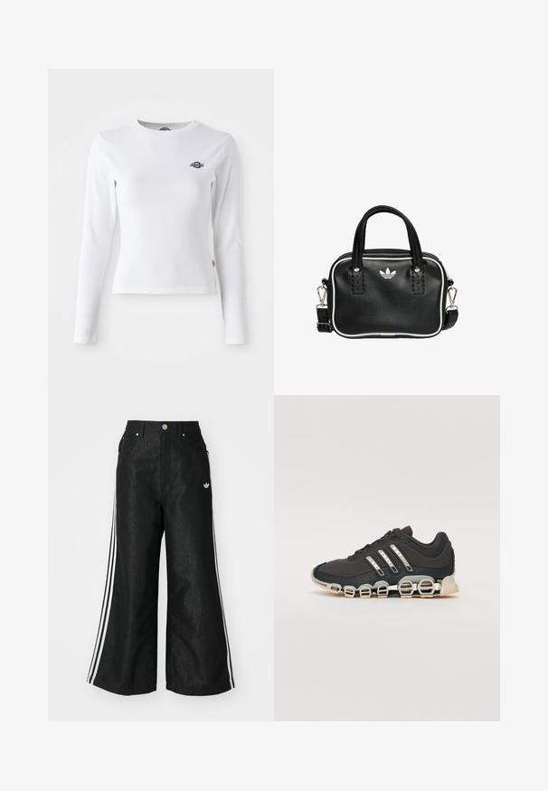 White long-sleeve shirt made of ribbed fabric. Features a small black logo on the chest. Fitted design with a crew neckline.; Black wide-leg denim pants with three white stripe accents on each side and a small white logo. Features front pockets and a button closure.; Black athletic shoe with a textured upper, three silver stripes, and a distinctive cushioning sole featuring multiple integrated sections.; Black leather handbag with two short handles, silver hardware, white accents, and a white logo. Features a textured surface and compact design.