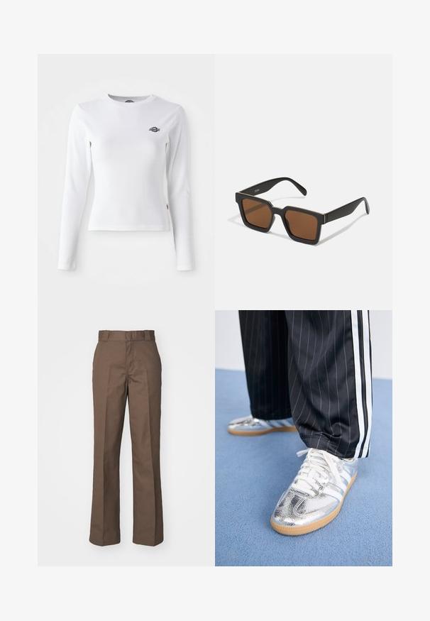 Balta ilgomis rankovėmis marškiniai, pagaminti iš raukšlėtos medžiagos. Ant krūtinės yra nedidelis juodas logotipas. Tinkamo dydžio dizainas su apvalia apykakle.; Rudos medvilnės kelnes su tiesiomis kojomis, turinčiomis lygų priekį ir diržo kilpas. Lygus paviršius, be matomų raštų ar akcentų.; Metalizuoti sidabriniai sportbačiai su baltais raišteliais ir trimis baltais dryžiais, derinami su juodais dryžuotais kelnėmis. Gumos padas apatinėje dalyje.; Juodos kvadratinės saulės akinius su rudais stiklai, turintys matinį paviršių ir auksinius akcentus ant rėmelio. Dizainas yra kampuotas su plačiomis rankenomis.