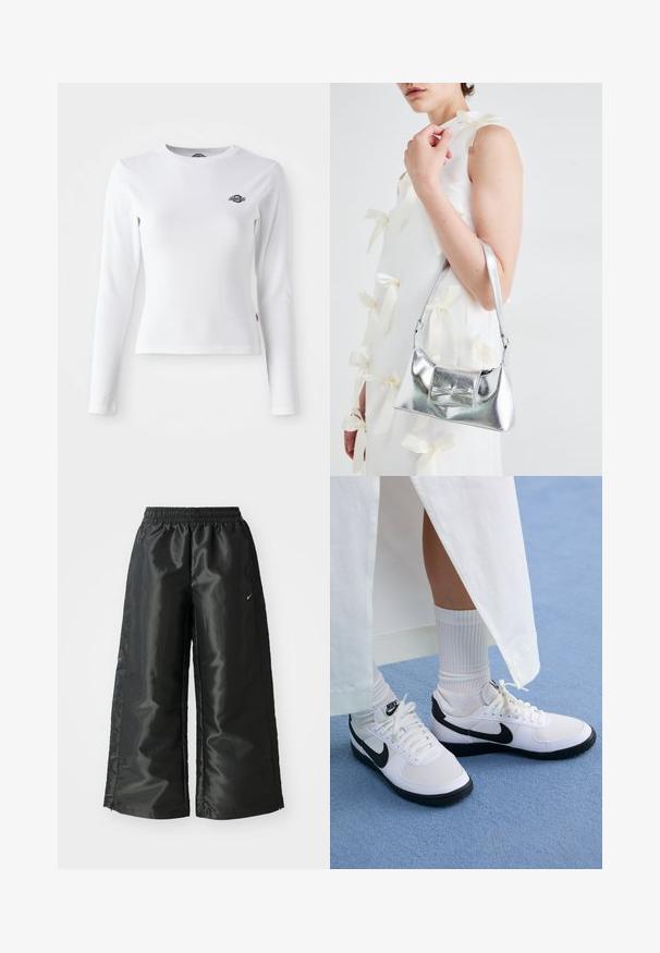 Camisa de mangas longas branca, feita de tecido canelado. Apresenta um pequeno logótipo preto no peito. Design ajustado com decote redondo.; Calças atléticas pretas com um tecido brilhante e suave, apresentando uma cintura elástica, pernas largas e um pequeno logotipo do lado esquerdo.; Ténis brancos da Nike com detalhes pretos, apresentando um cabedal em pele lisa, atacadores brancos e solas de borracha resistentes, combinados com meias brancas com textura ribada.; Bolsa metálica prateada com uma forma estruturada, apresentando uma alça superior e um detalhe de laço na frente. Textura suave, acabamento reflexivo.