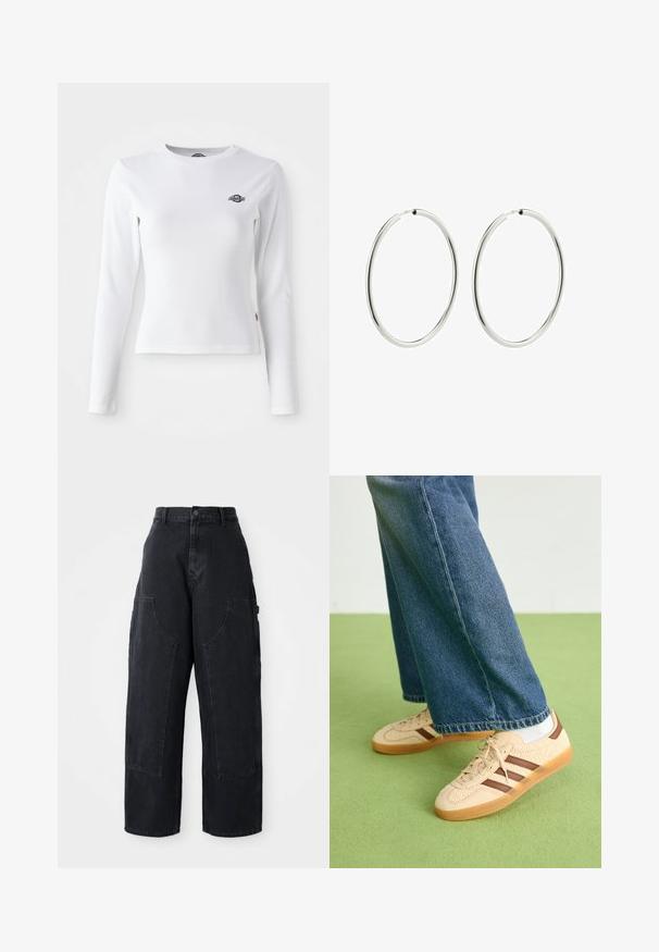 Bela majica z dolgimi rokavi iz rebrastega materiala. Ima majhen črn logotip na prsih. Prilegajoč dizajn z okroglim izrezom.; Črne široke kavbojke iz denima s visokim pasom, dvema velikima sprednjima žepoma in gumbom za zapiranje na pasu. Gladka tekstura, sproščen dizajn.; Bež teniske z teksturiranimi kremnimi paneli in rjavimi črtami, v kombinaciji z modrimi kavbojkami. Kavbojke imajo široke hlačnice in raztrgan rob.; Srebrni obroči za ušesa z gladko, polirano površino. Krožna oblika, enakomerna širina, zasnovani za enostavno zapiranje. Preprosto in elegantno.