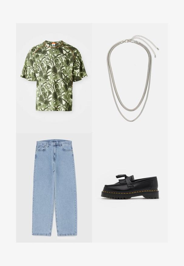 Camiseta verde de manga curta com um padrão de folhas texturizadas, apresentando um destaque laranja na gola e um corte descontraído. Feita de material respirável.; Jeans de denim azul claro com design de perna reta, apresentando uma cintura de altura média, cinco bolsos e um fecho de botão e zíper.; Mocassim de couro preto com um detalhe de franjas, apresentando uma sola preta robusta e costura amarela ao longo da borda. Acabamento texturizado.; Colar de metal prateado em três camadas, com correntes flexíveis e elegantes que possuem um leve brilho, fechado com um fecho de lagosta e corrente ajustável.