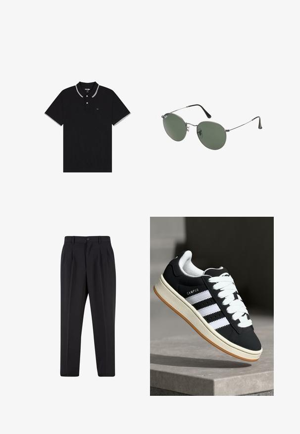 Juodas polo marškinėliai, pagaminti iš tekstūruoto audinio, su atlenkiamu apykakle su baltais akcentais, dviem mygtukais priekyje ir maža logotipu ant krūtinės.; Juodi kelnių su raukšlėtu priekiu dizainu, pagaminti iš lygaus audinio. Su mygtuko užsegimu ir diržo kilpomis; tiesios kojų formos.; adidas Originals CAMPUS 00S - Sportbačiai - core black/footwear white/off-white; Metaliniai akiniai su ovaliais žaliais lęšiais. Plonas sidabro spalvos metalinis rėmas ir juodi ausų laikikliai. Minimalistinis dizainas, be matomų logotipų.