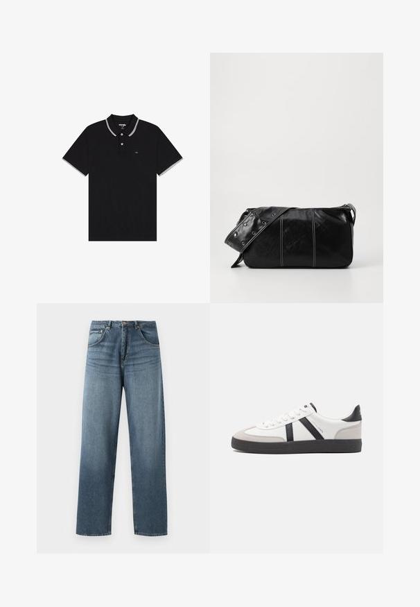 Polo negro hecho de tela texturizada, con un cuello con solapa y acentos en blanco, tapeta de dos botones y un pequeño logo en el pecho.; Jeans de mezclilla azul de pierna recta con un lavado desgastado, que cuentan con un diseño de cinco bolsillos, botón de metal y presillas para cinturón. Tejido estructurado y de peso medio.; Zapatilla blanca con acentos en negro y gris, que presenta una puntera texturizada en gris, suela de goma negra y cordones planos blancos. Diseño limpio, estilo minimalista.; Bolso de hombro de cuero negro con cierre de cremallera, que presenta un cuerpo texturizado, costuras blancas y una correa con ojales plateados.