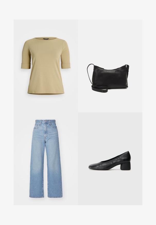 Bežinis trumpomis rankovėmis marškinėliai, pagaminti iš švelnaus audinio. Turintys apvalų kaklą ir suvalytas rankoves, su tiesiu apdaila ir minimalizmo dizainu.; Šviesiai mėlynos aukšto liemens plačios kojos džinsai su priekiniais užtrauktukais ir sagom, priekinėmis ir galinėmis kišenėmis, ant baltos fono.; Juodai odiniai aukštakulniai batai su apvaliu pirštu ir vidutiniu bloku. Lygi tekstūra su minimaliu apdailos, turinčia subtilų elastingą atidarymą.; Juodas odinis petinis krepšys su lygiu paviršiumi, išlenkta forma, reguliuojama dirželiu ir užtrauktuku. Minimalistinis dizainas be puošmenų.